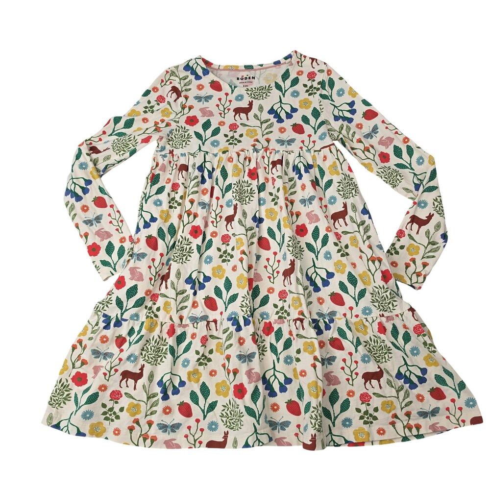 Mini Boden Dress Girls 8-9Y White Floral Animal Skater Long Sleeve Bohemian Boho
